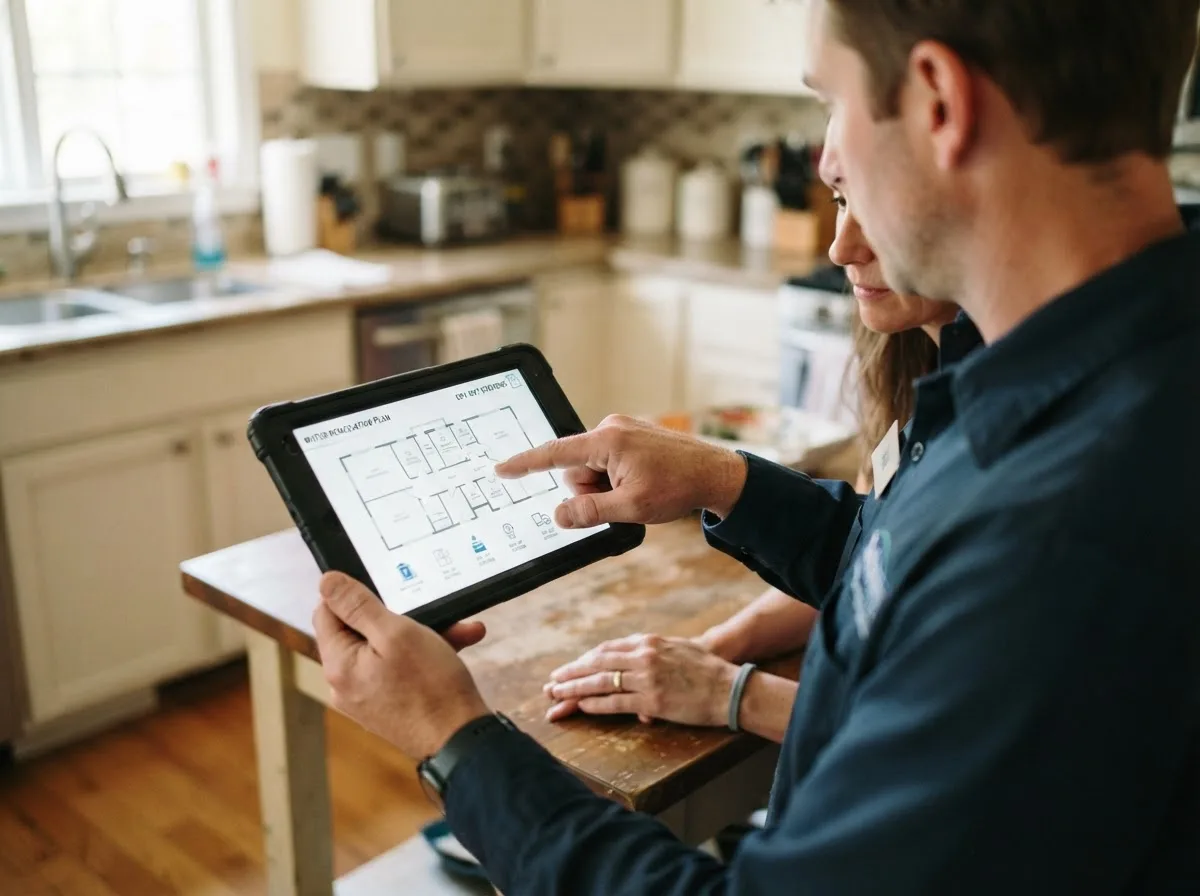 Water damage restoration technician inspecting a home in Roscoe, IL